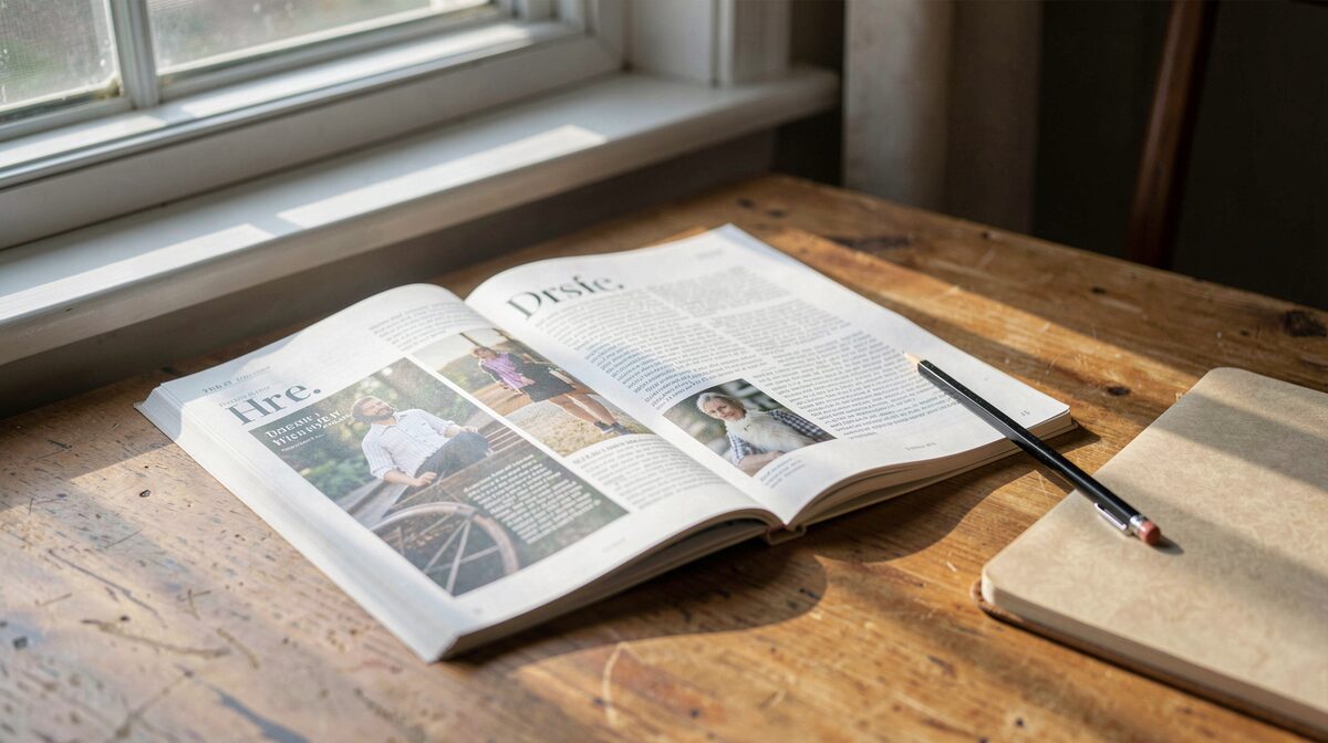 A wooden desk by a window with a printed magazine open beside a notebook and pencil, morning light falling across the page.
