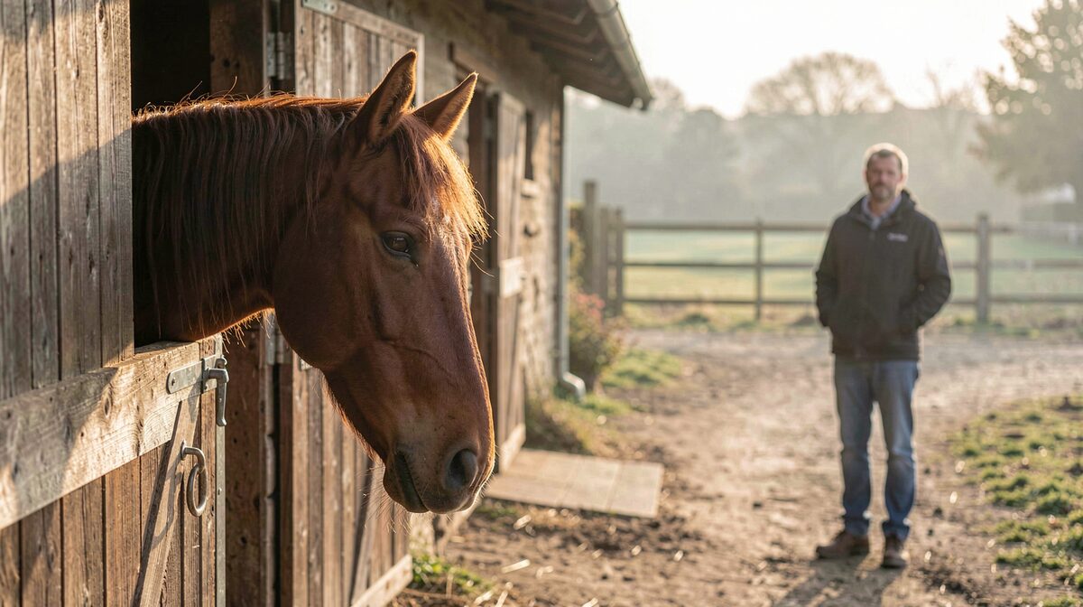 A tidy stable yard at early morning, soft light across a horse's head over a half door, an owner observing quietly from a distance, medium shot.
