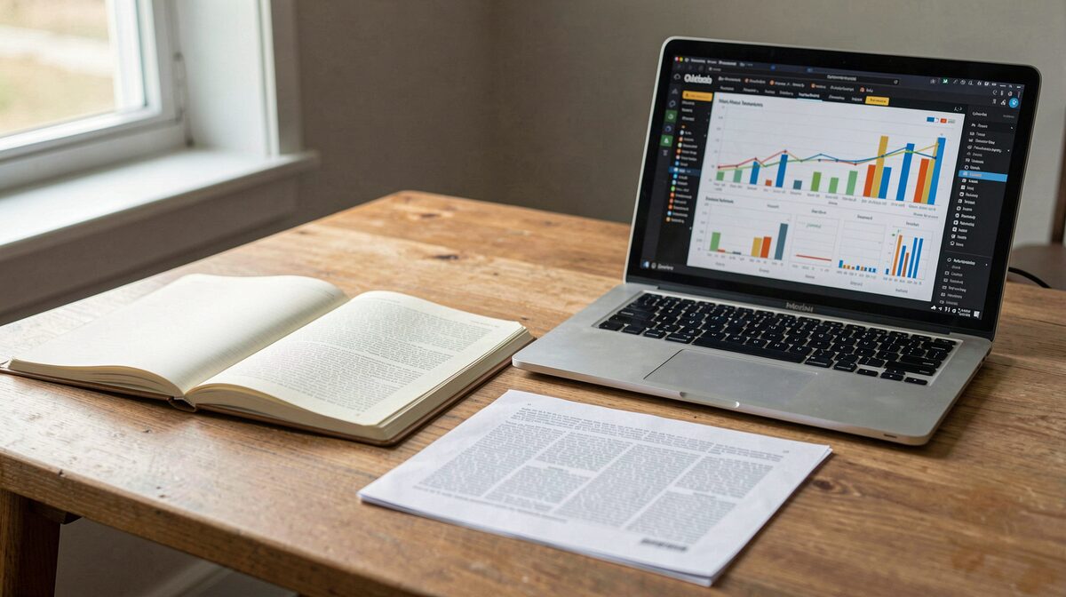 A writer's desk in the morning with an open notebook, a printed article page beside a laptop showing analytics charts, soft window light from the left, medium close framing.