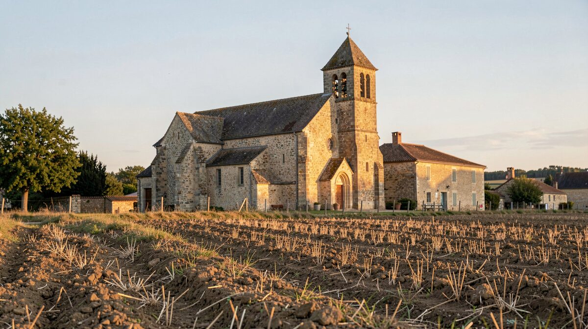 A stone village church in Rouergue at golden hour, framed from a low angle across a ploughed field, warm side light on the medieval bell tower.