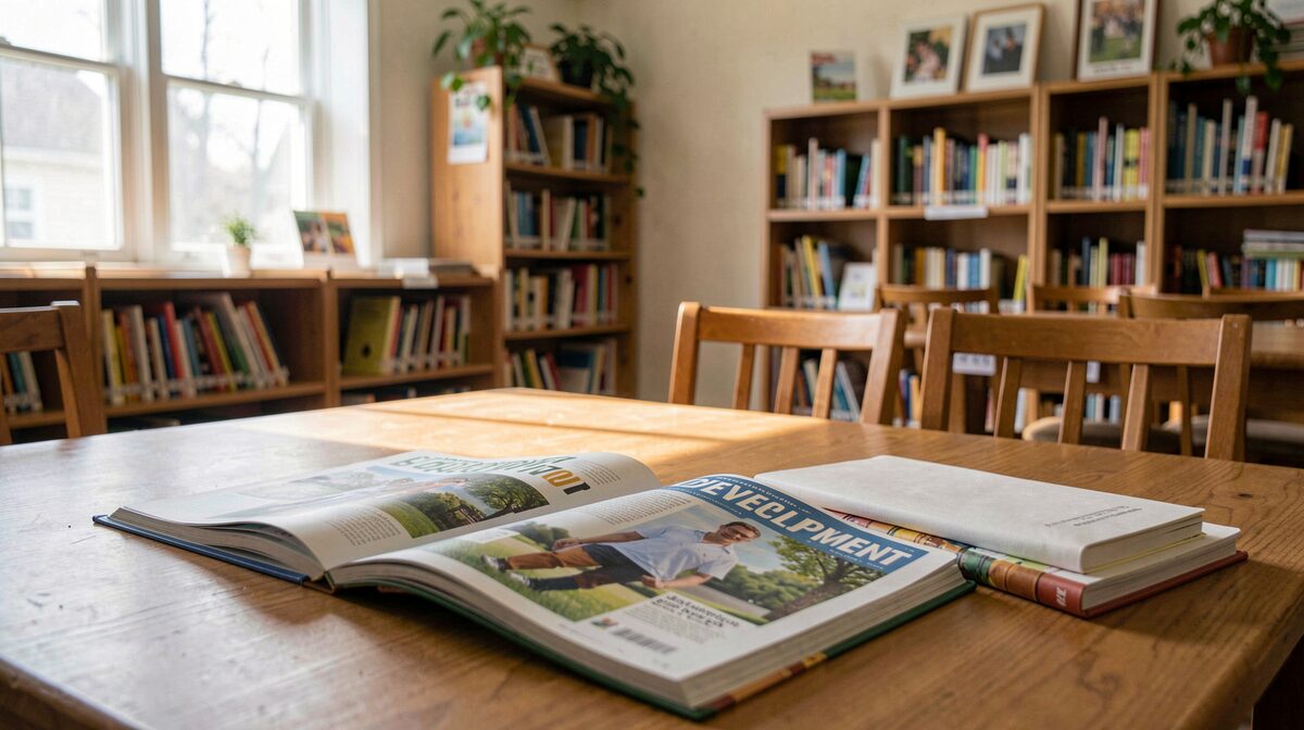 A quiet community center reading room in soft morning light, a magazine open on a wooden table beside notebooks, shot from above at eye level over the pages.