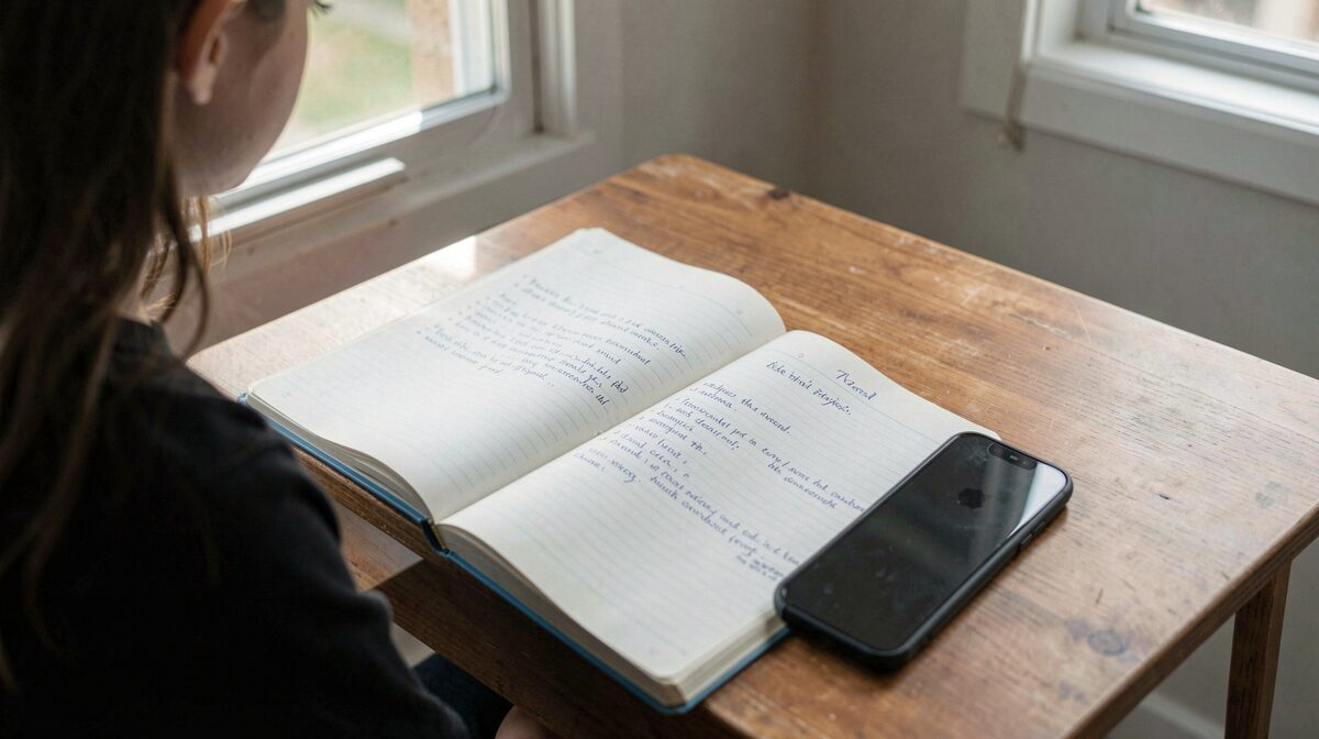 A student's desk with open notebooks and a smartphone, morning light from a side window, shot from above at a slight angle.