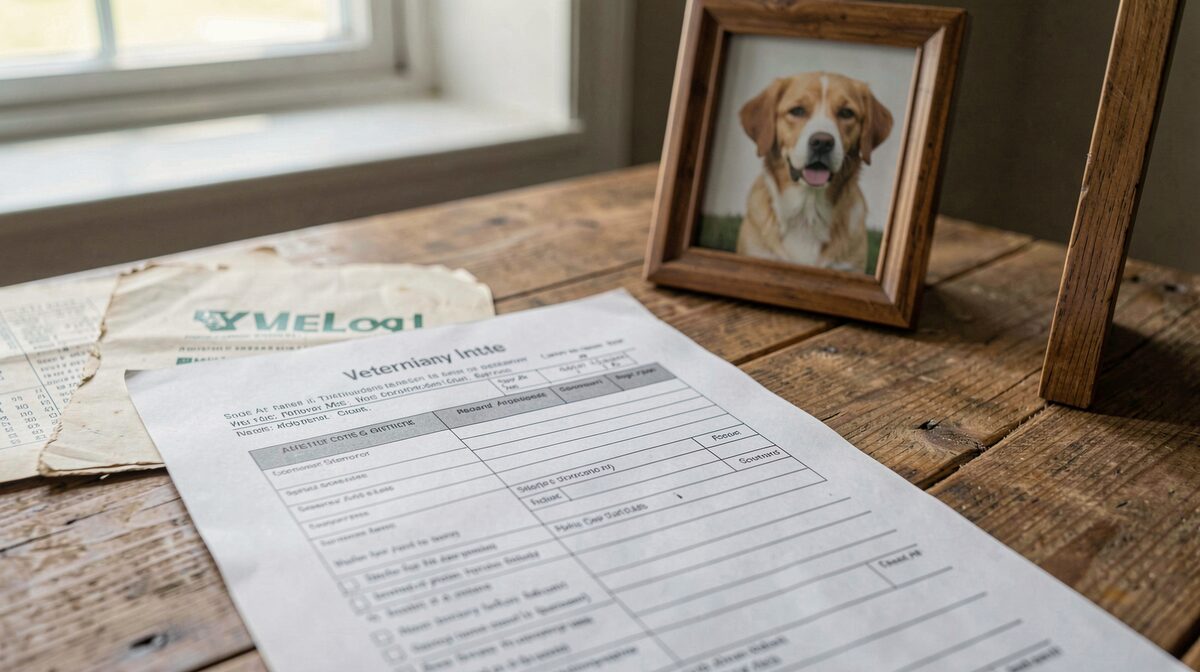 A close view of a printed veterinary intake form on a wooden desk, beside an old invoice and a small framed photo of a dog, lit by soft afternoon window light.